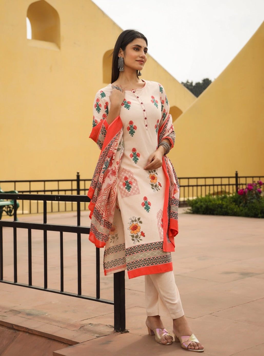 Radha Block Printed Orangish Straight Suit Set