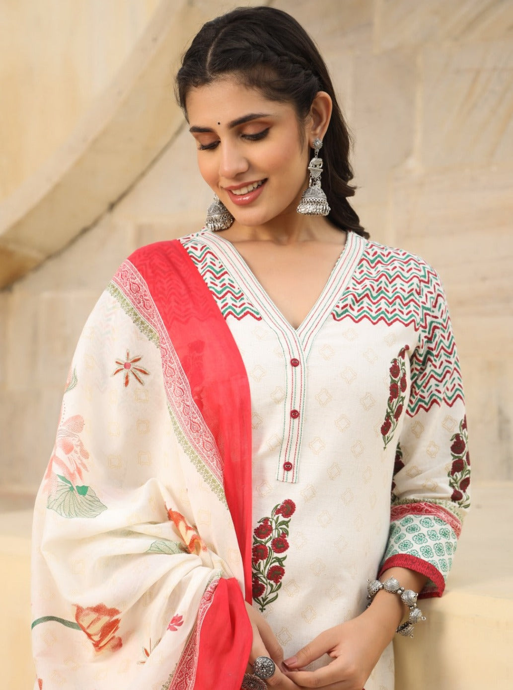 Radha Block Printed Off White Straight Suit Set