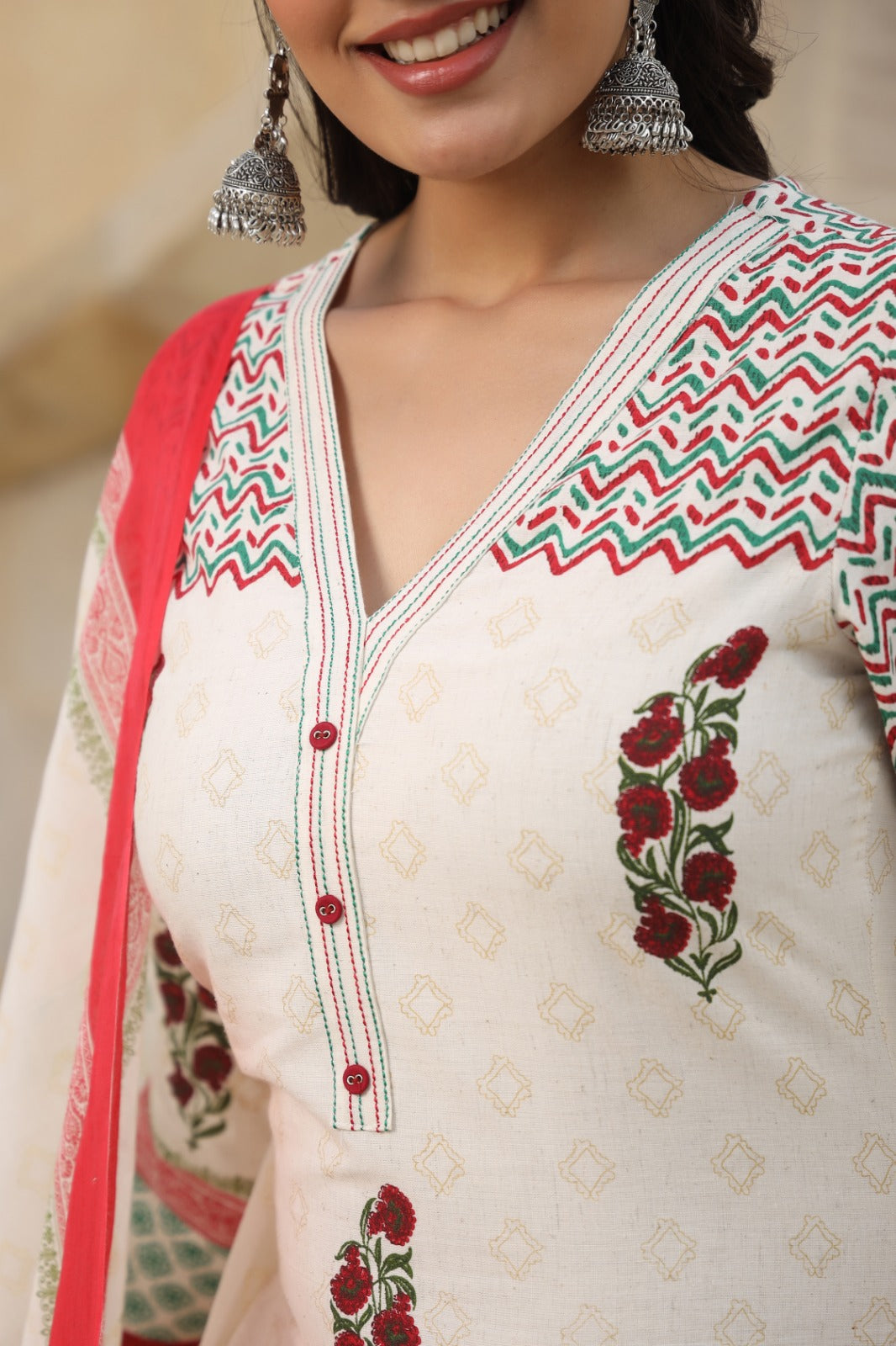 Radha Block Printed Off White Straight Suit Set