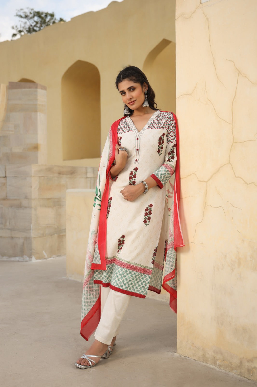 Radha Block Printed Off White Straight Suit Set