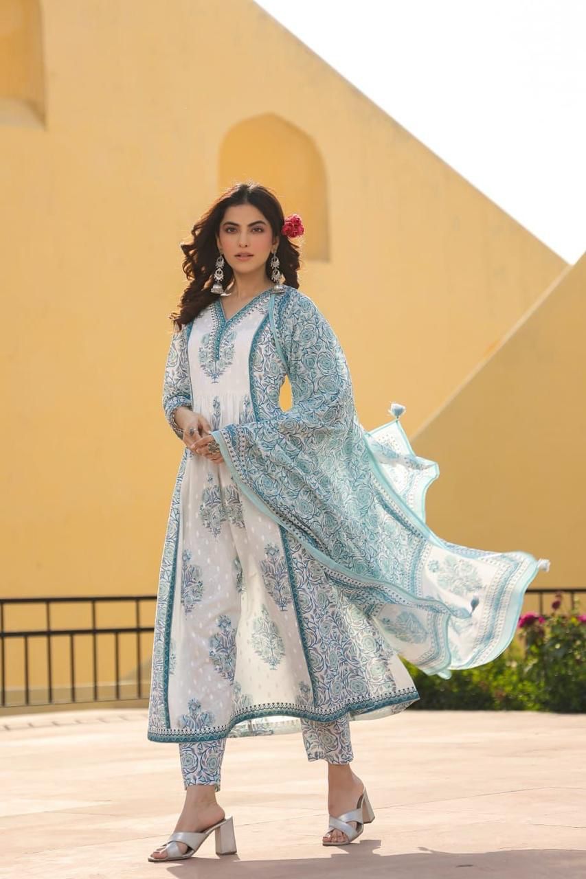 Maisha Block Printed White and Blue Umbrella Suit Set