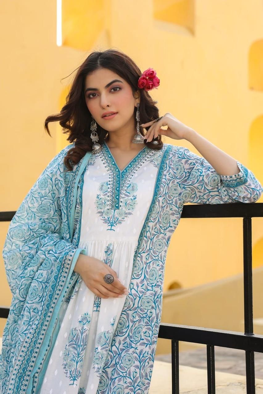 Maisha Block Printed White and Blue Umbrella Suit Set