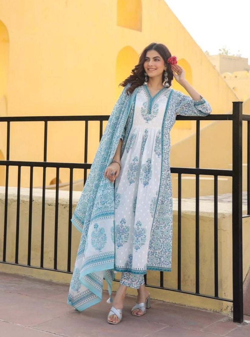 Maisha Block Printed White and Blue Umbrella Suit Set