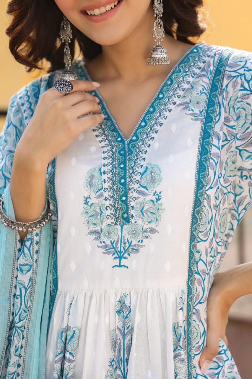 Maisha Block Printed White and Blue Umbrella Suit Set