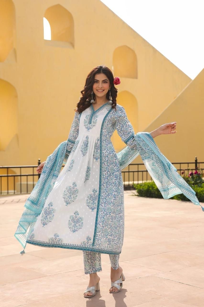 Maisha Block Printed White and Blue Umbrella Suit Set