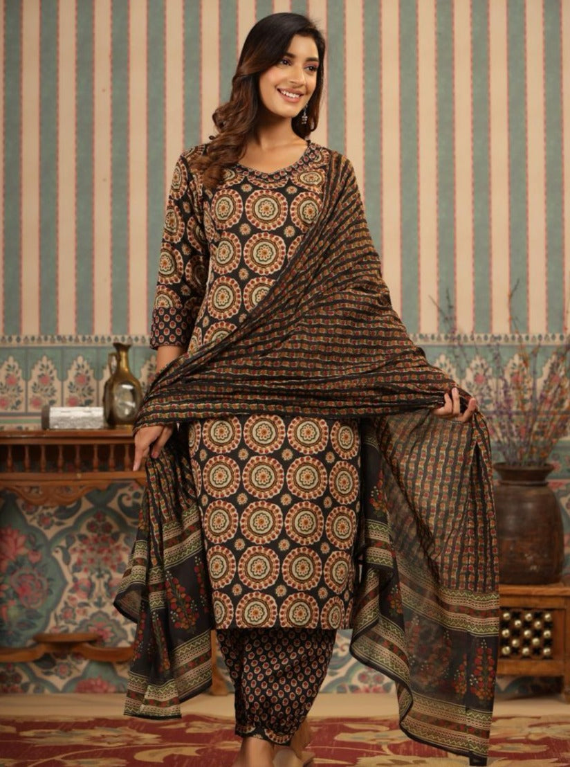 Radha Ajrakh Printed Black Straight Afghani Suit Set