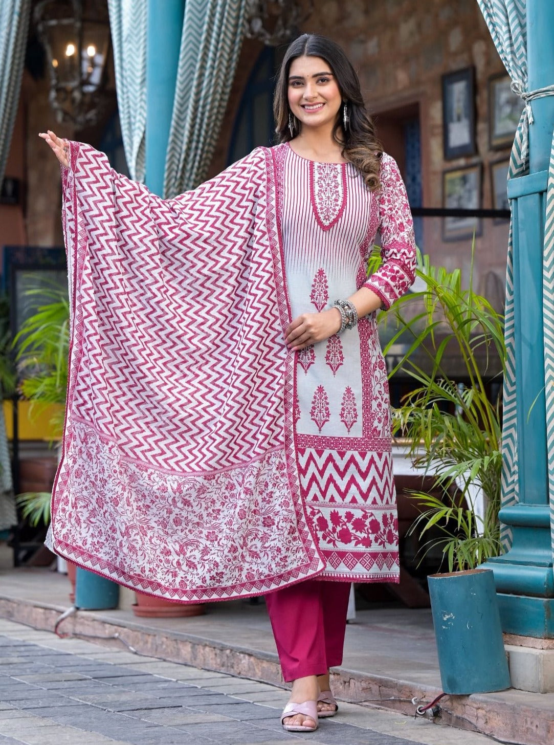 Radha Digital Printed Pink and Grey Straight Suit Set