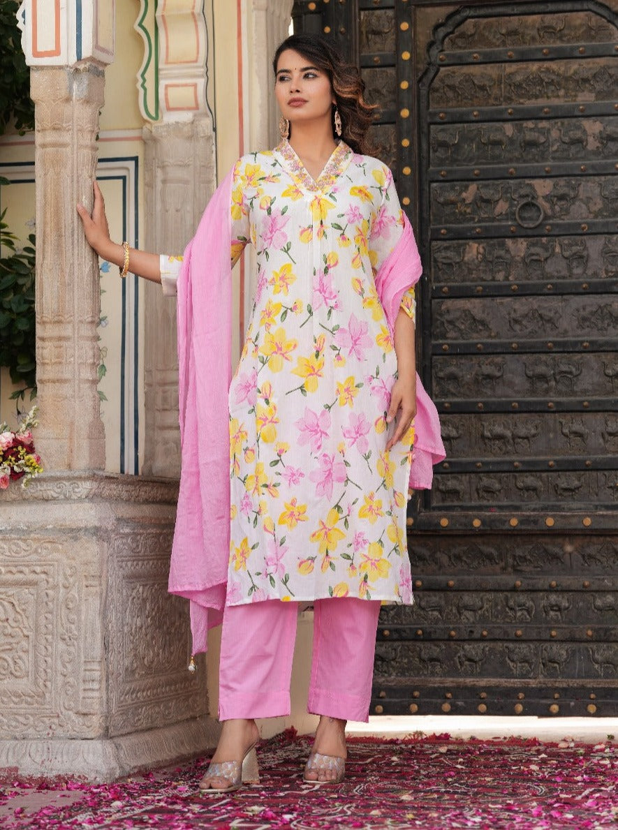 Radha Floral Printed Pink and White Straight Suit Set