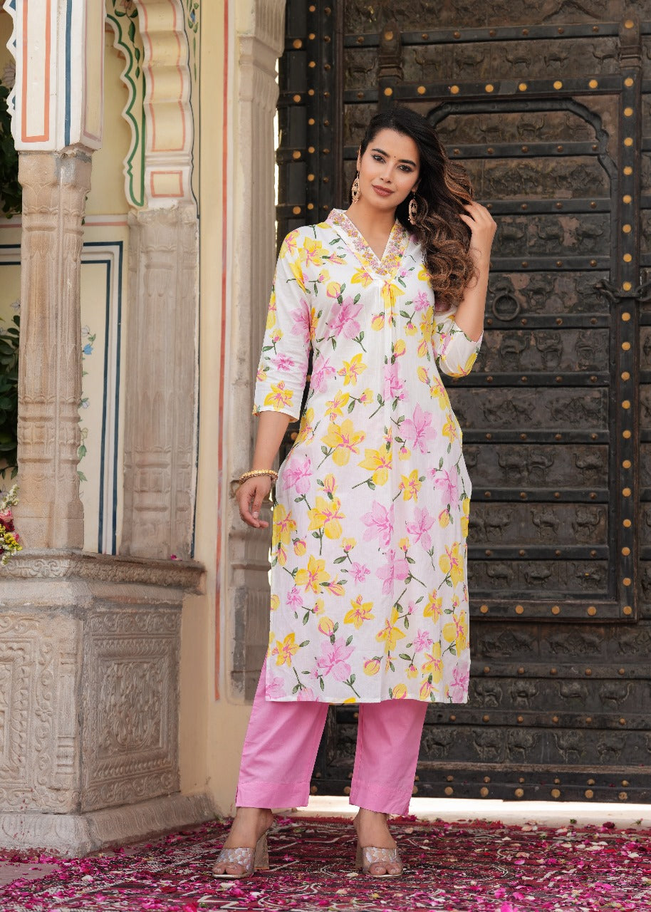 Radha Floral Printed Pink and White Straight Suit Set