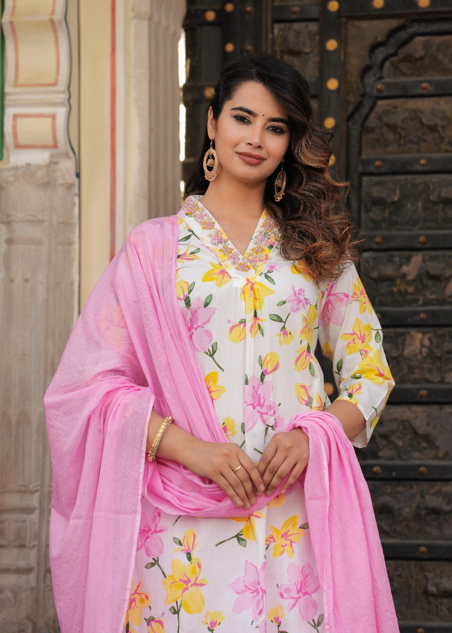 Radha Floral Printed Pink and White Straight Suit Set