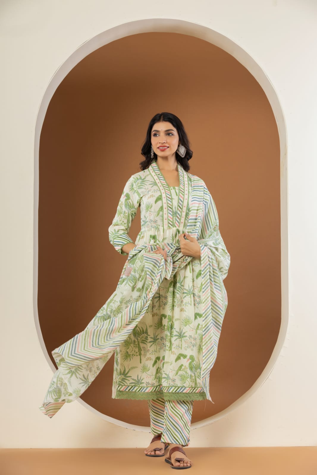 Maisha Tropical Printed White and Green Suit Set