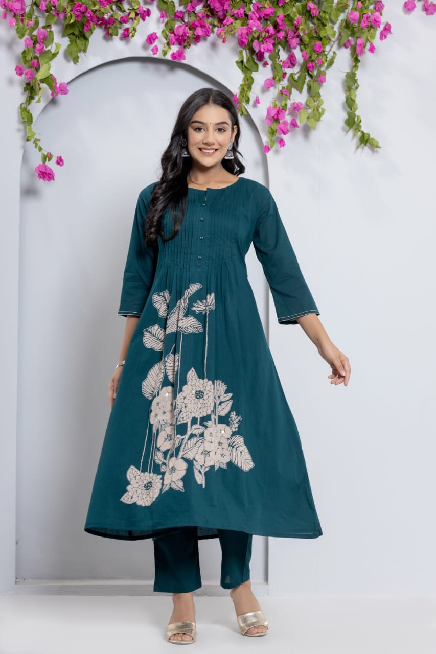 Vihaa Digital Printed Solid Green Pintex Suit Set