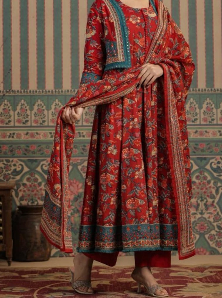 Vihaa Floral Block Printed Maroonish Red Anarkali Jacket suit set