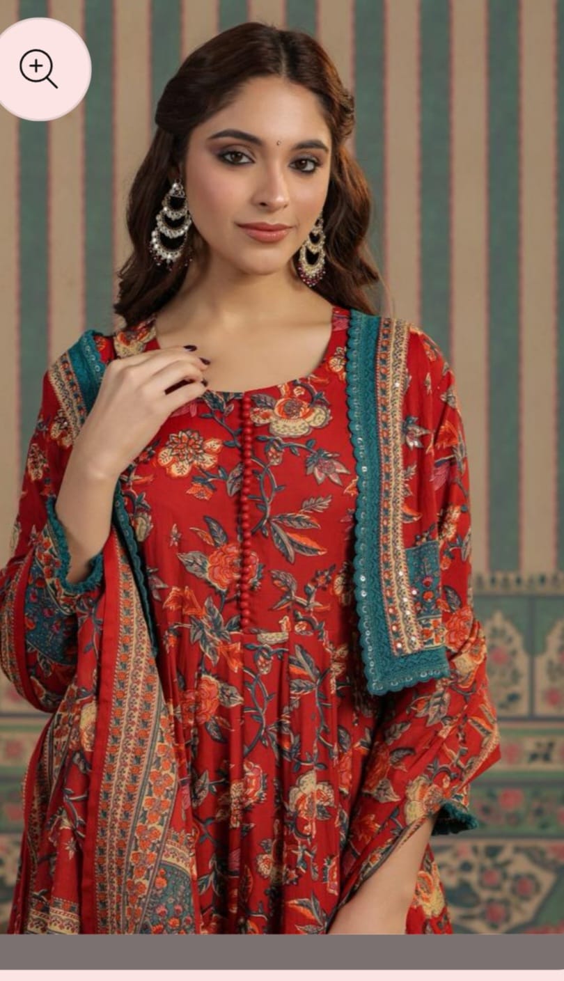 Vihaa Floral Block Printed Maroonish Red Anarkali Jacket suit set