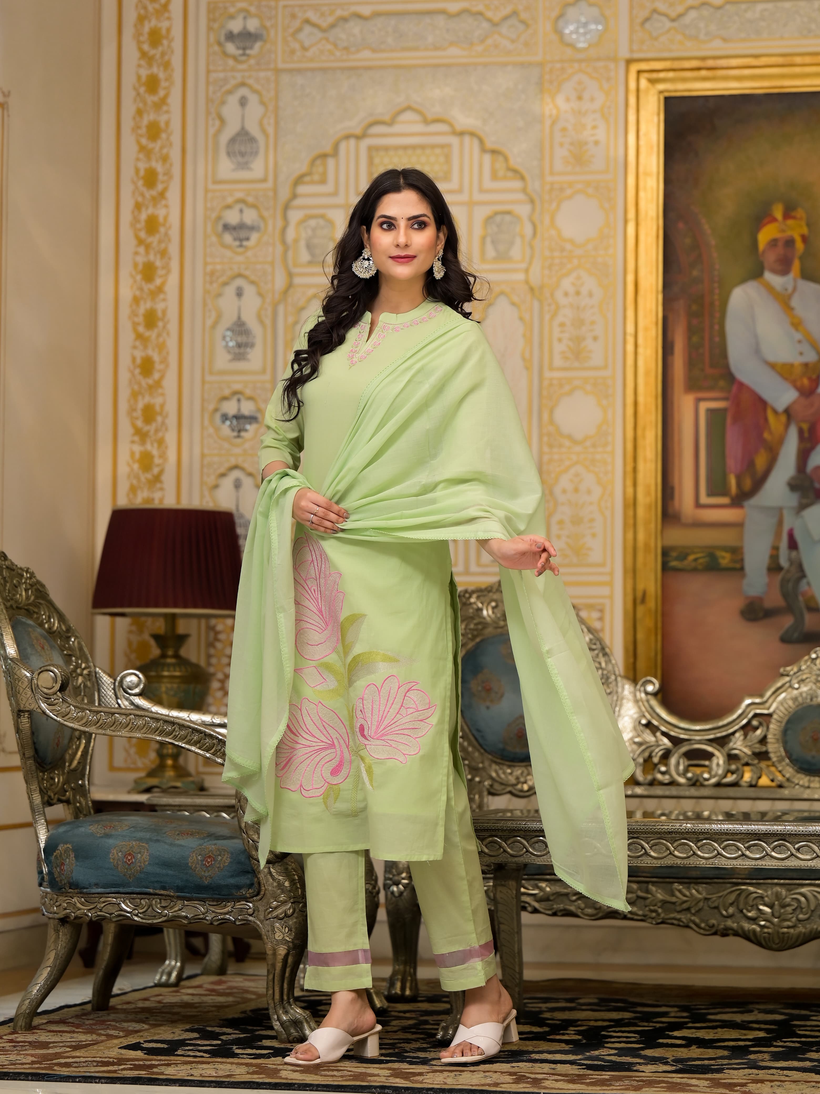 Radha Floral Patch Work and Embroidered Pista Green Straight Suit Set