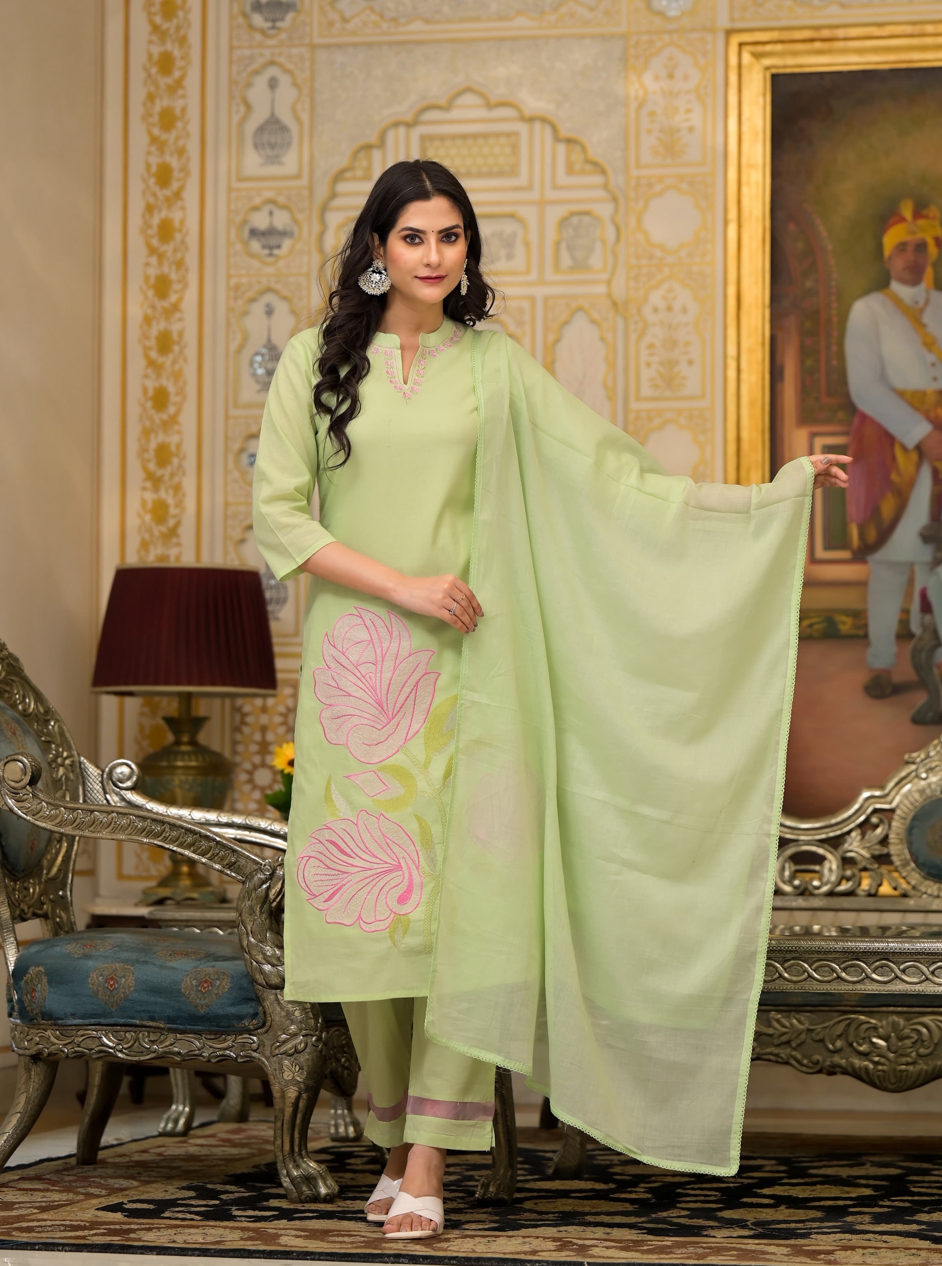 Radha Floral Patch Work and Embroidered Pista Green Straight Suit Set