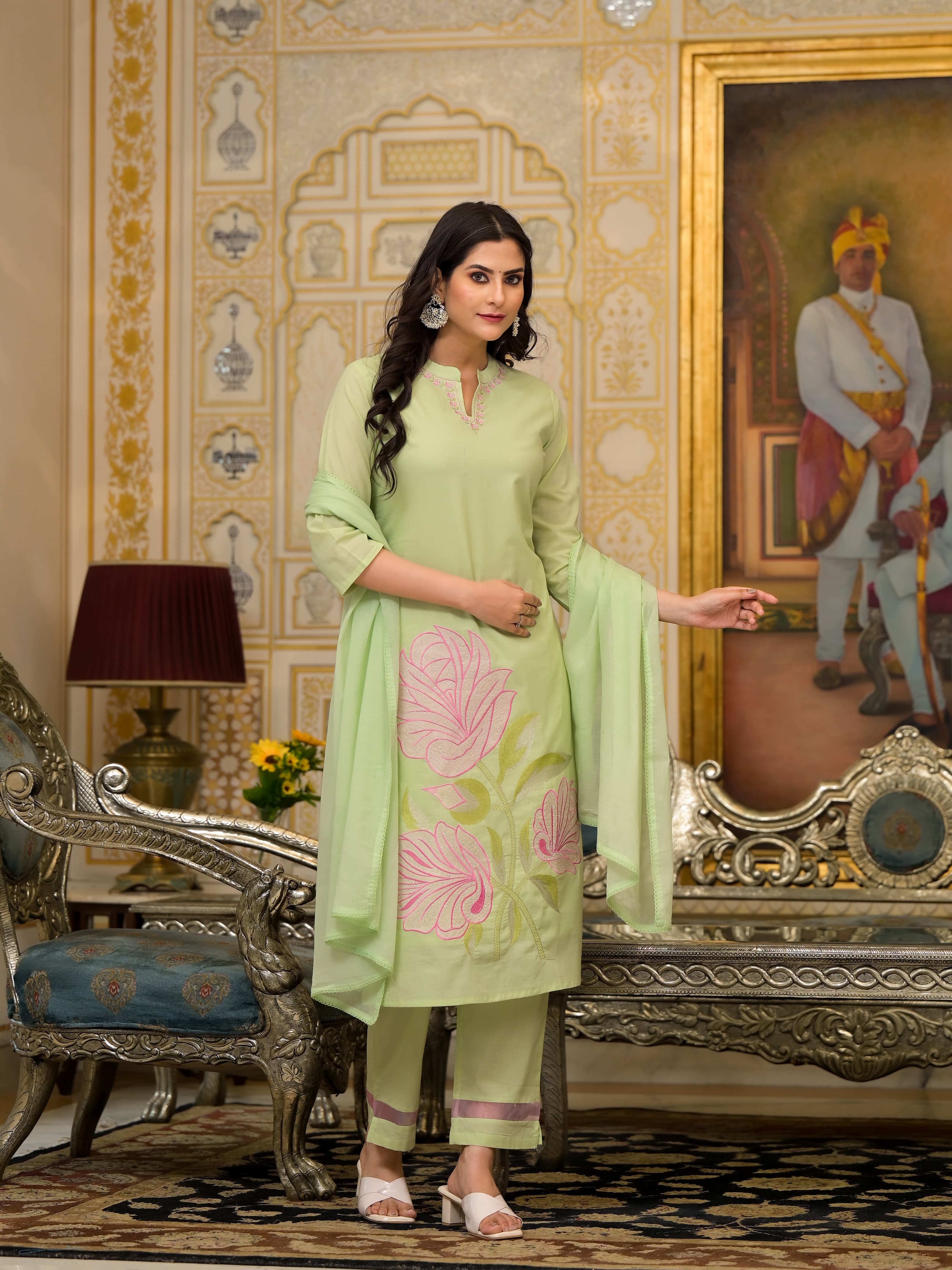 Radha Floral Patch Work and Embroidered Pista Green Straight Suit Set