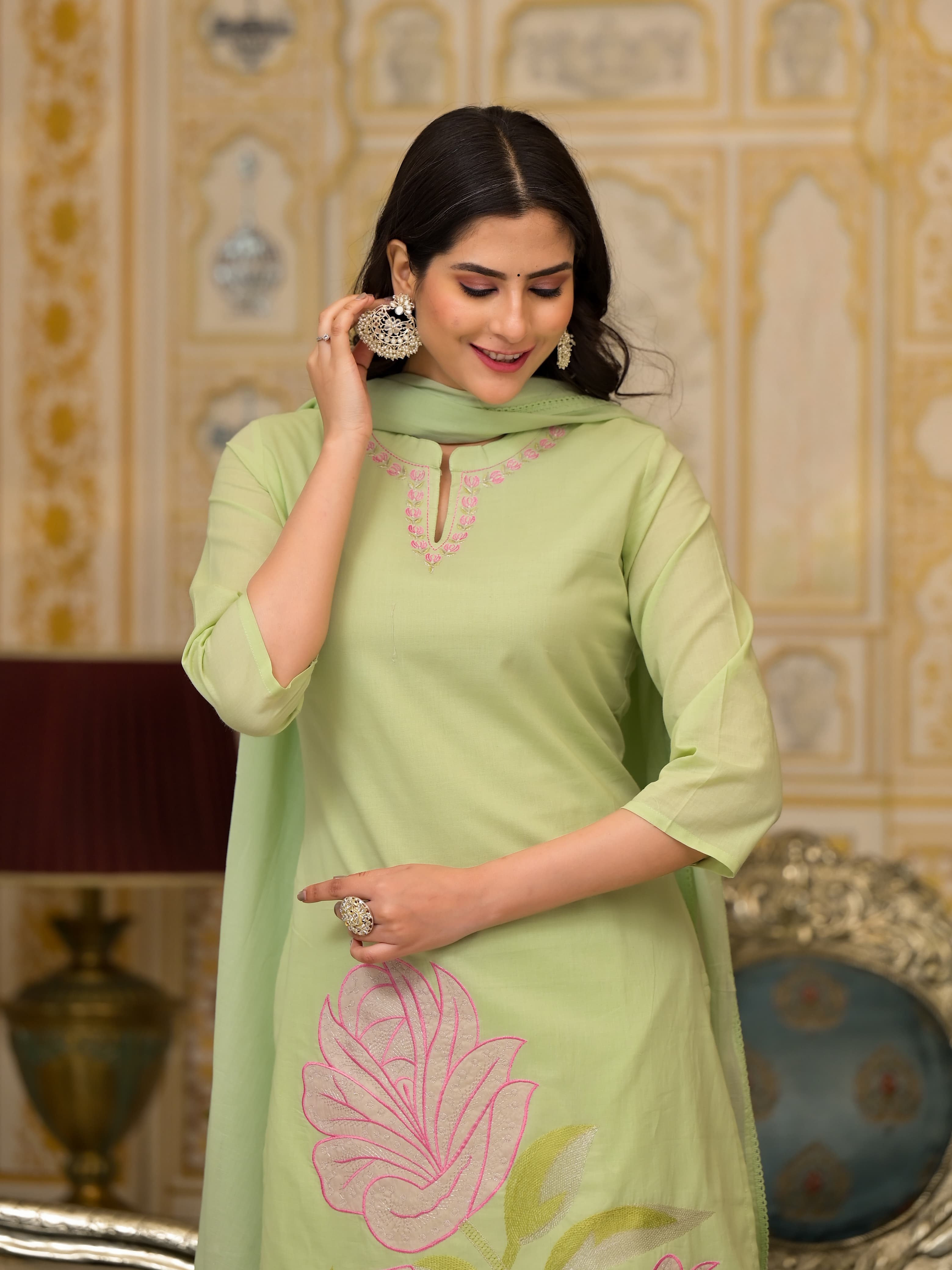 Radha Floral Patch Work and Embroidered Pista Green Straight Suit Set