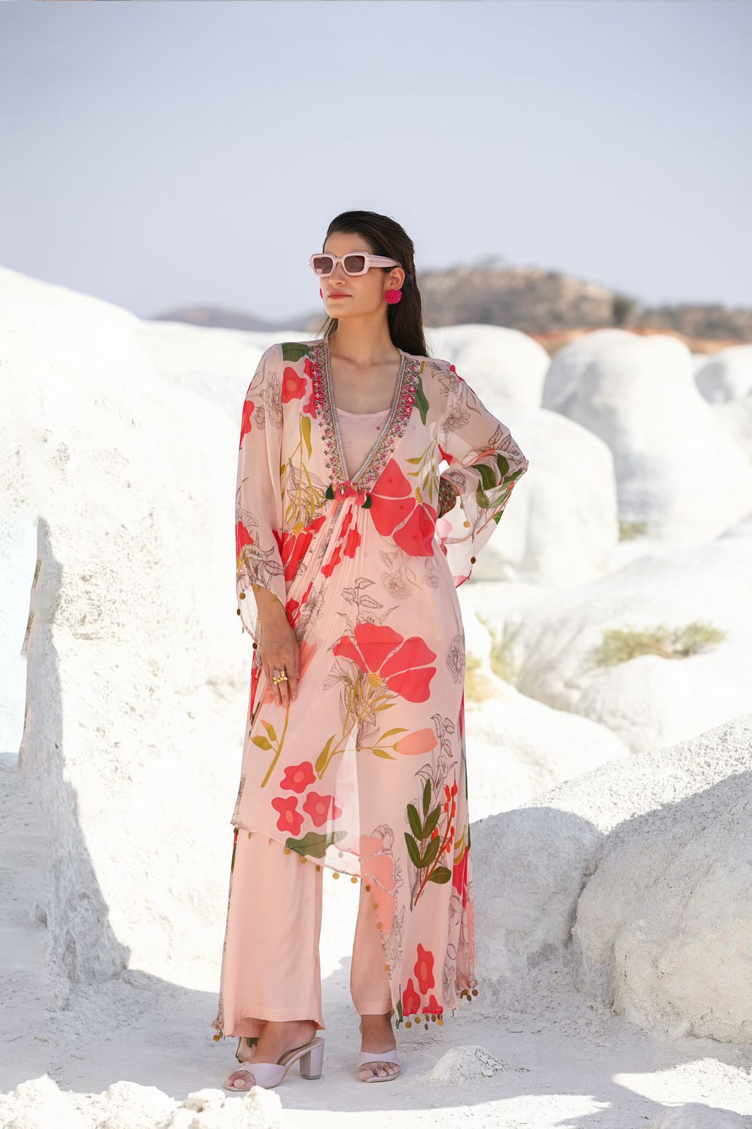 Vihaa Floral Printed Peach Indo western 3 Pc Co-Ord set