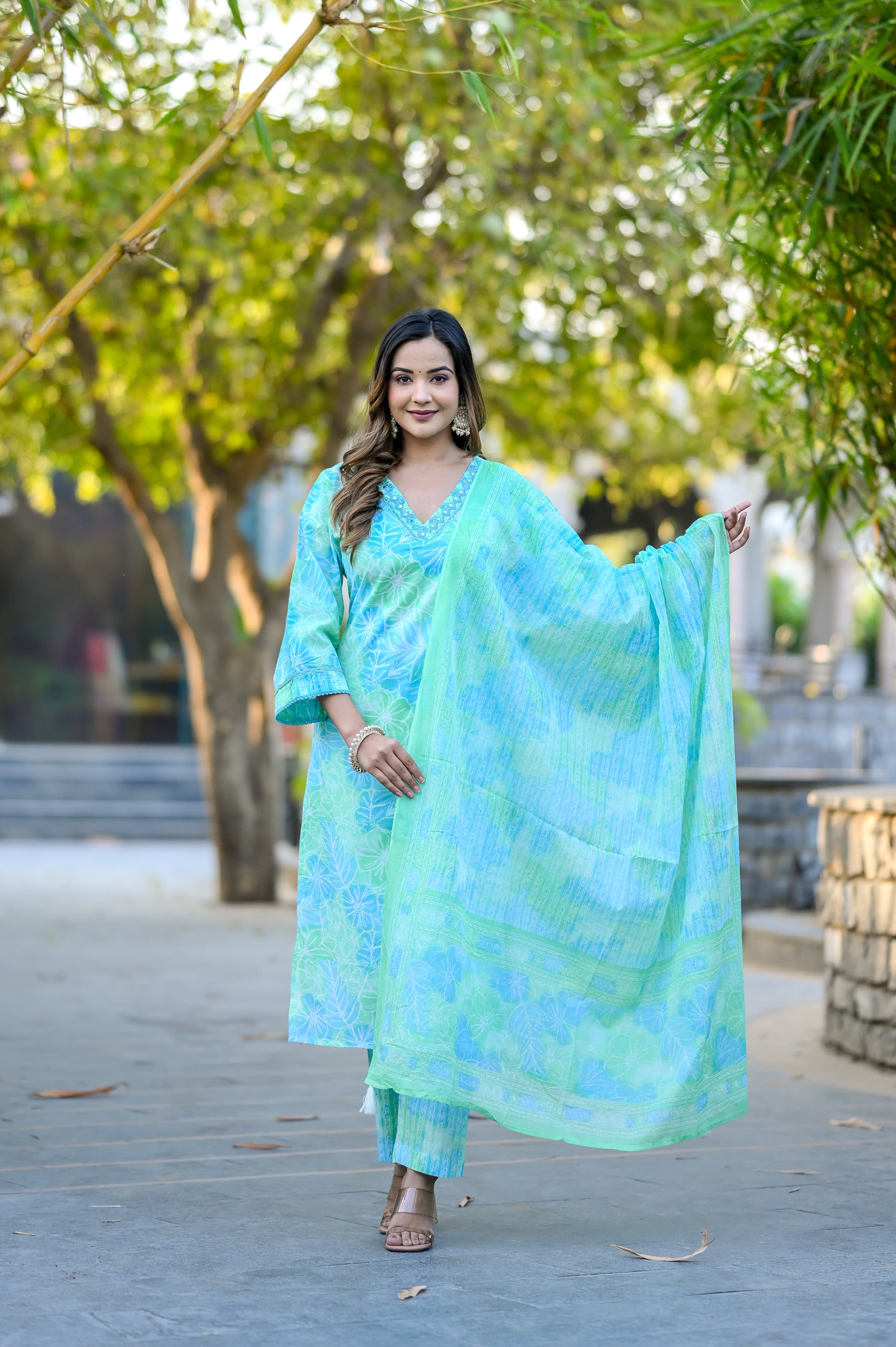 Vihaa Green and Blue Pakistani Straight Suit Set