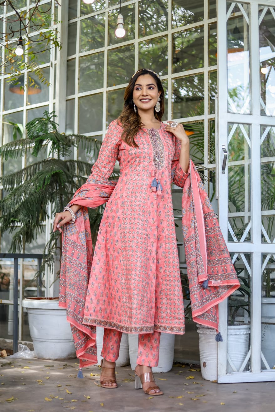 Akira Block Printed Peach Anarkali suit set