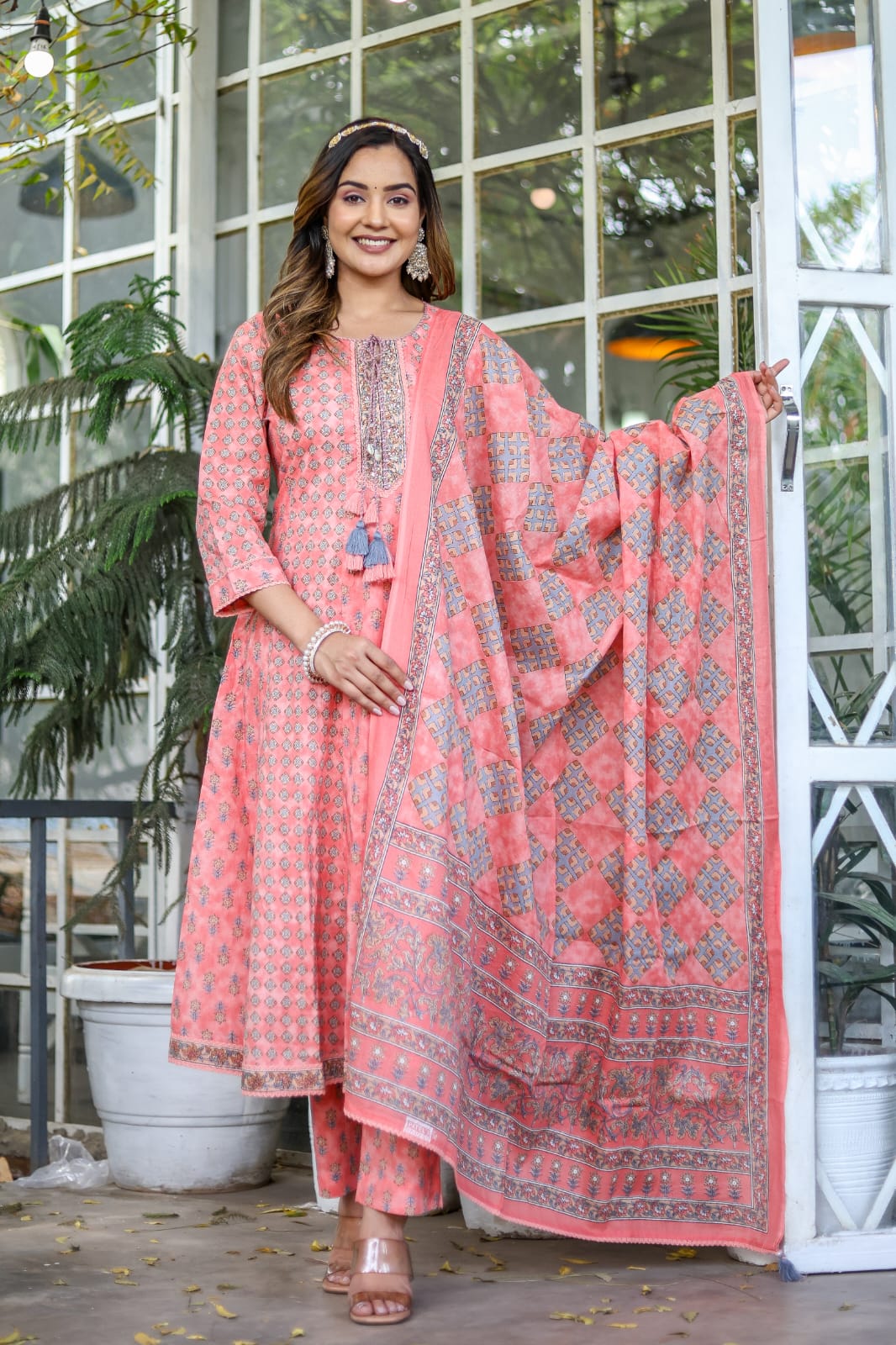 Akira Block Printed Peach Anarkali suit set