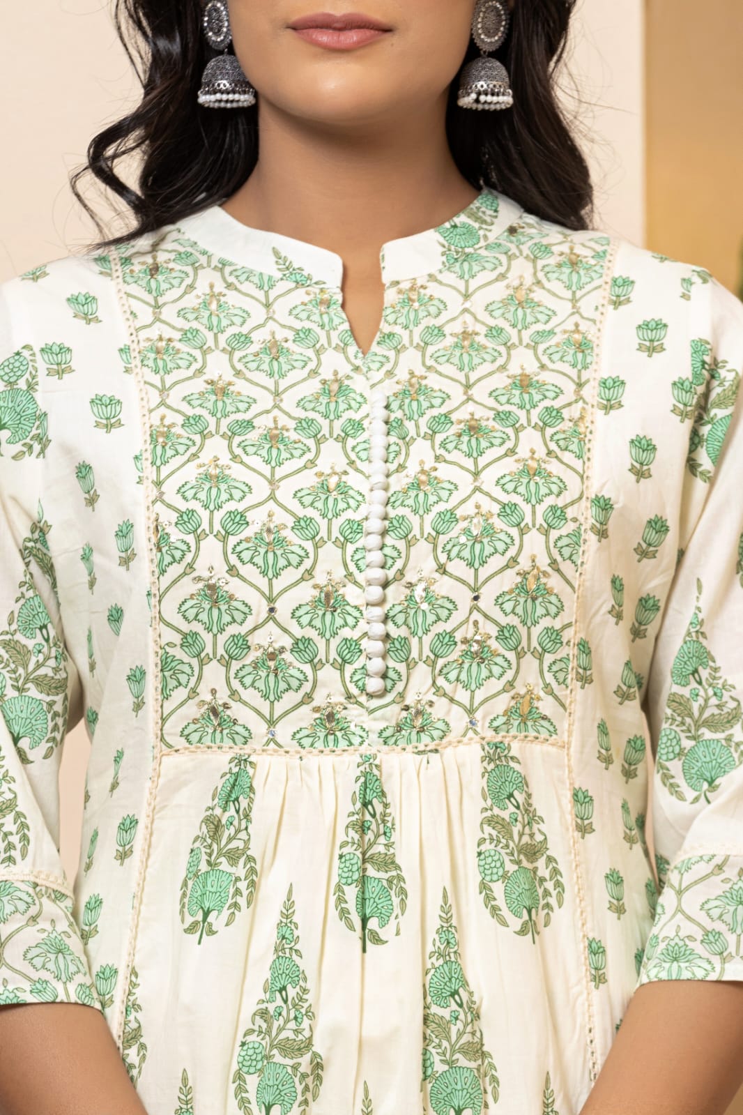 Radha Block Printed White And Green Straight Suit Set