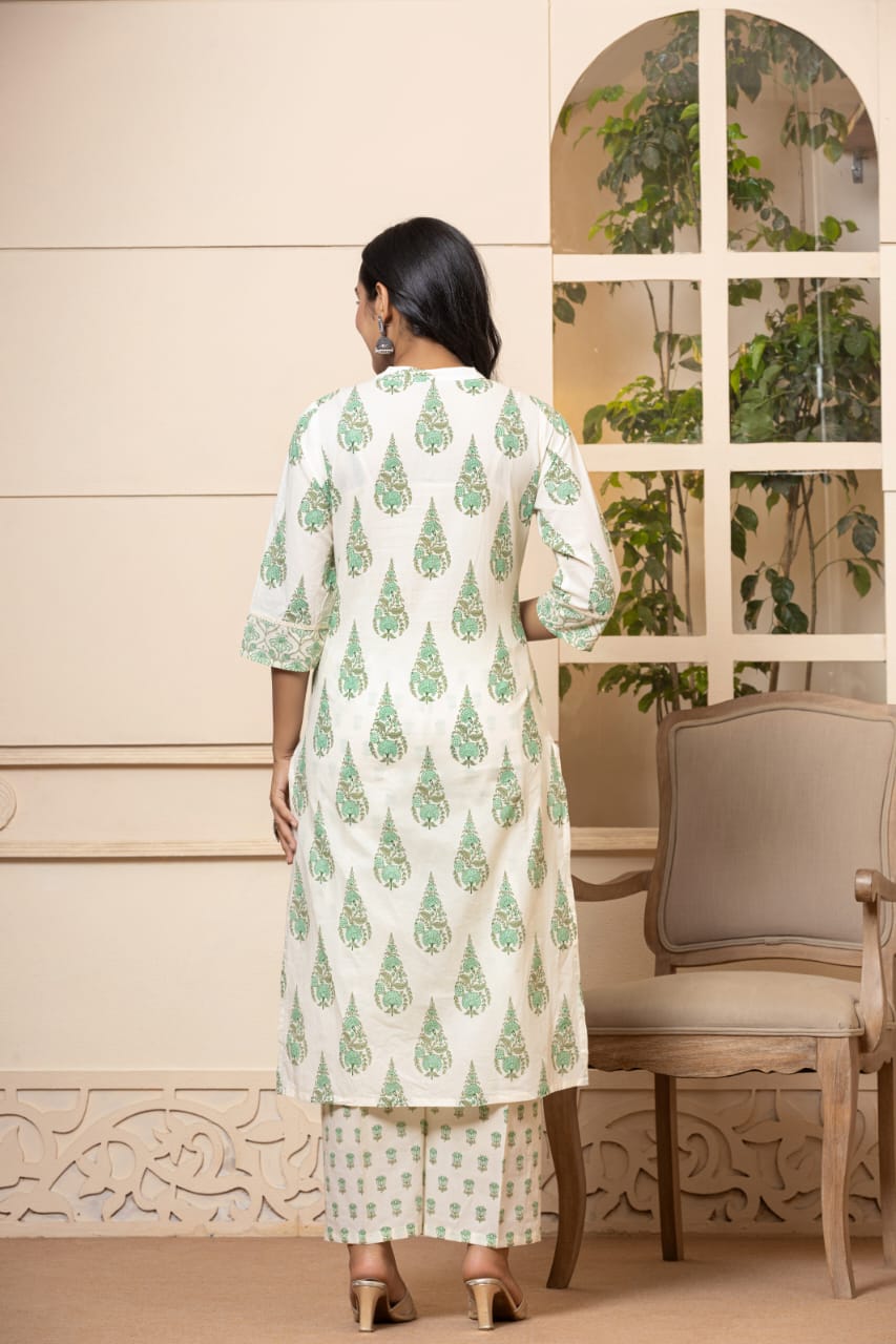 Radha Block Printed White And Green Straight Suit Set