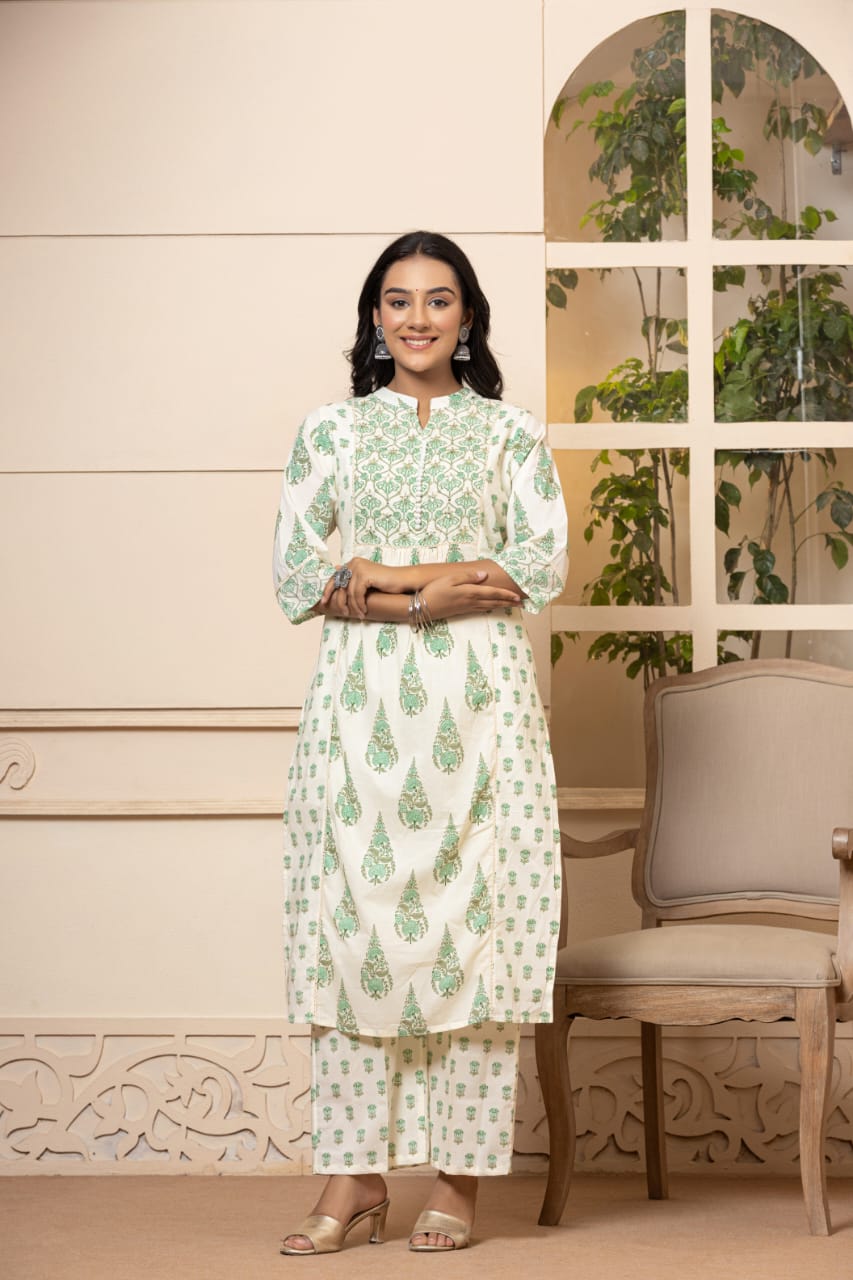 Radha Block Printed White And Green Straight Suit Set