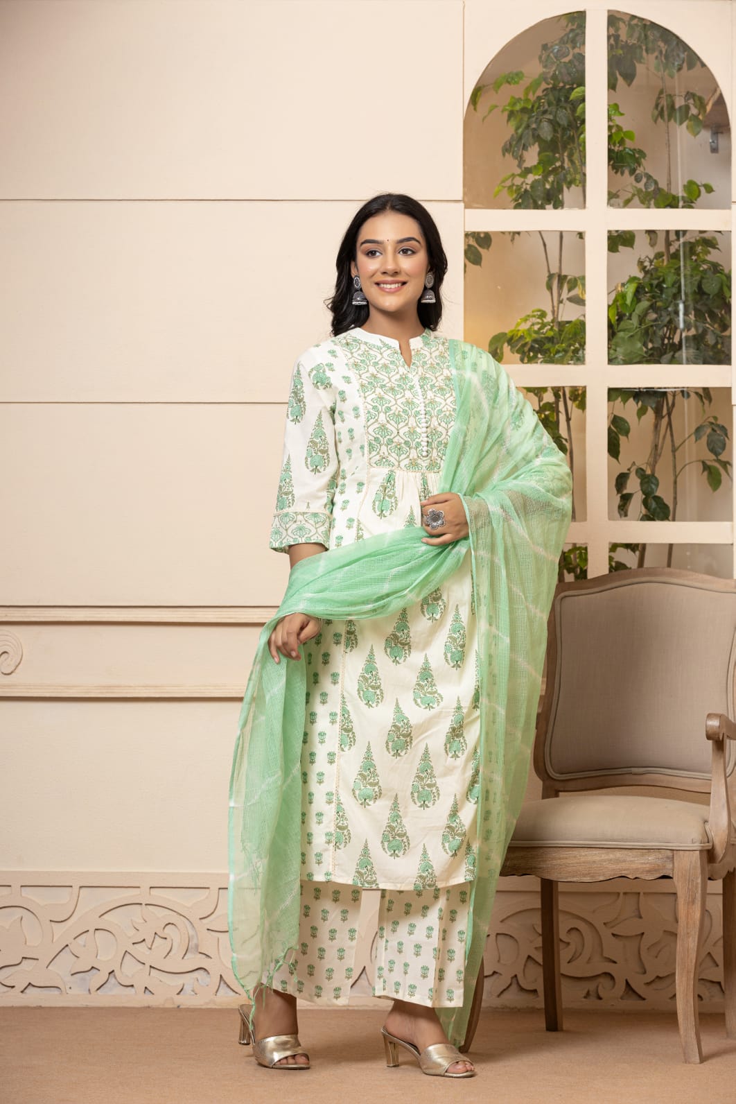 Radha Block Printed White And Green Straight Suit Set