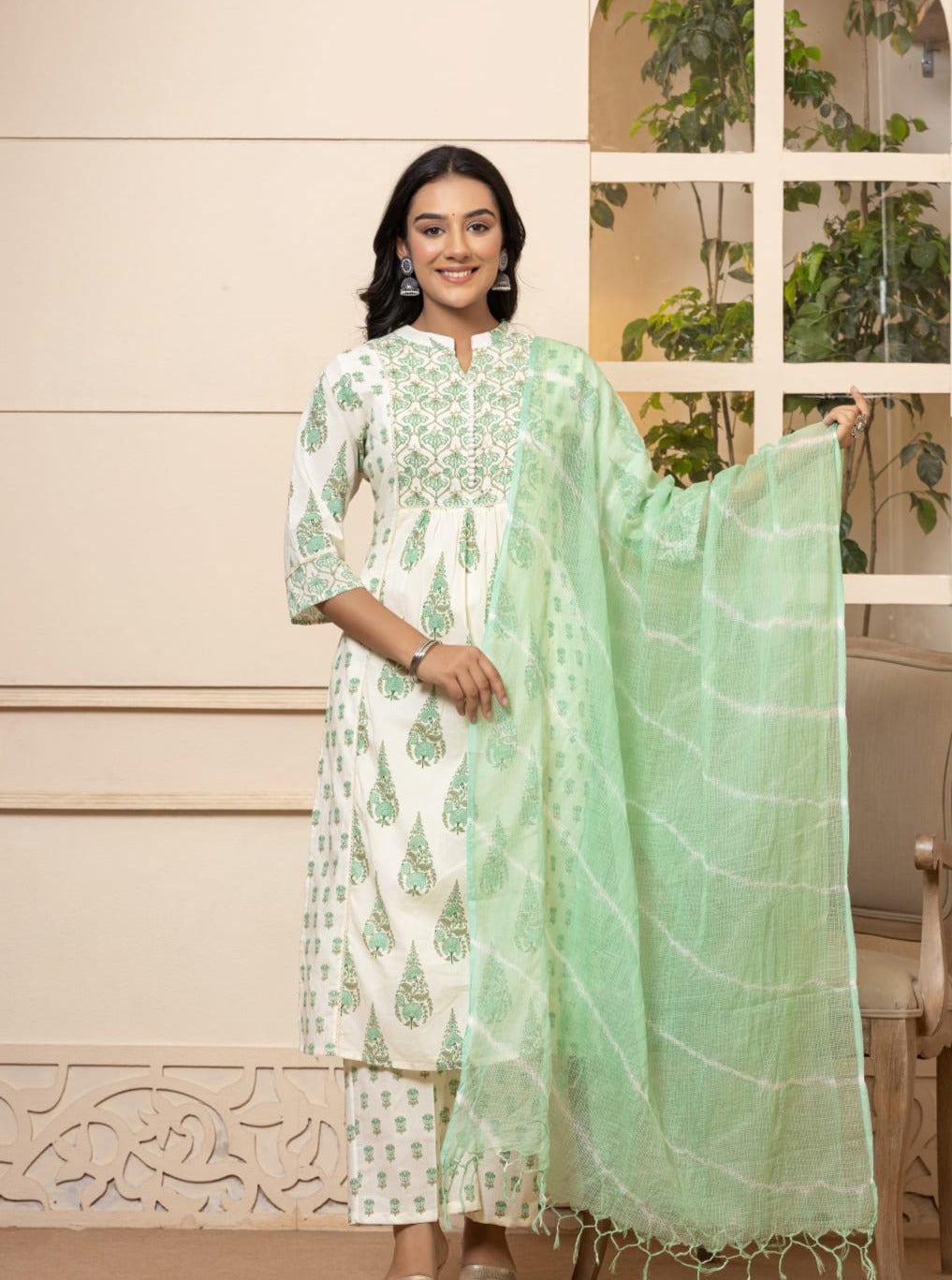 Radha Block Printed White And Green Straight Suit Set