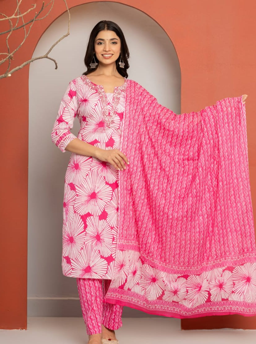 Radha Block Printed White And Pink Straight Suit Set