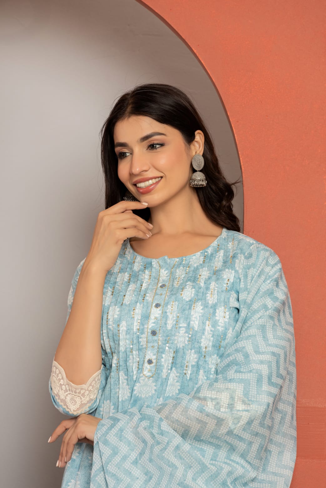 Vihaa Block Printed Solid Sky Blue Pintex Suit Set