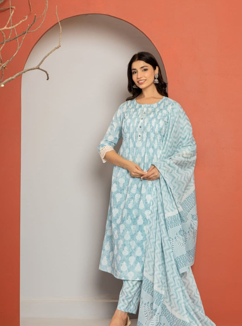 Vihaa Block Printed Solid Sky Blue Pintex Suit Set