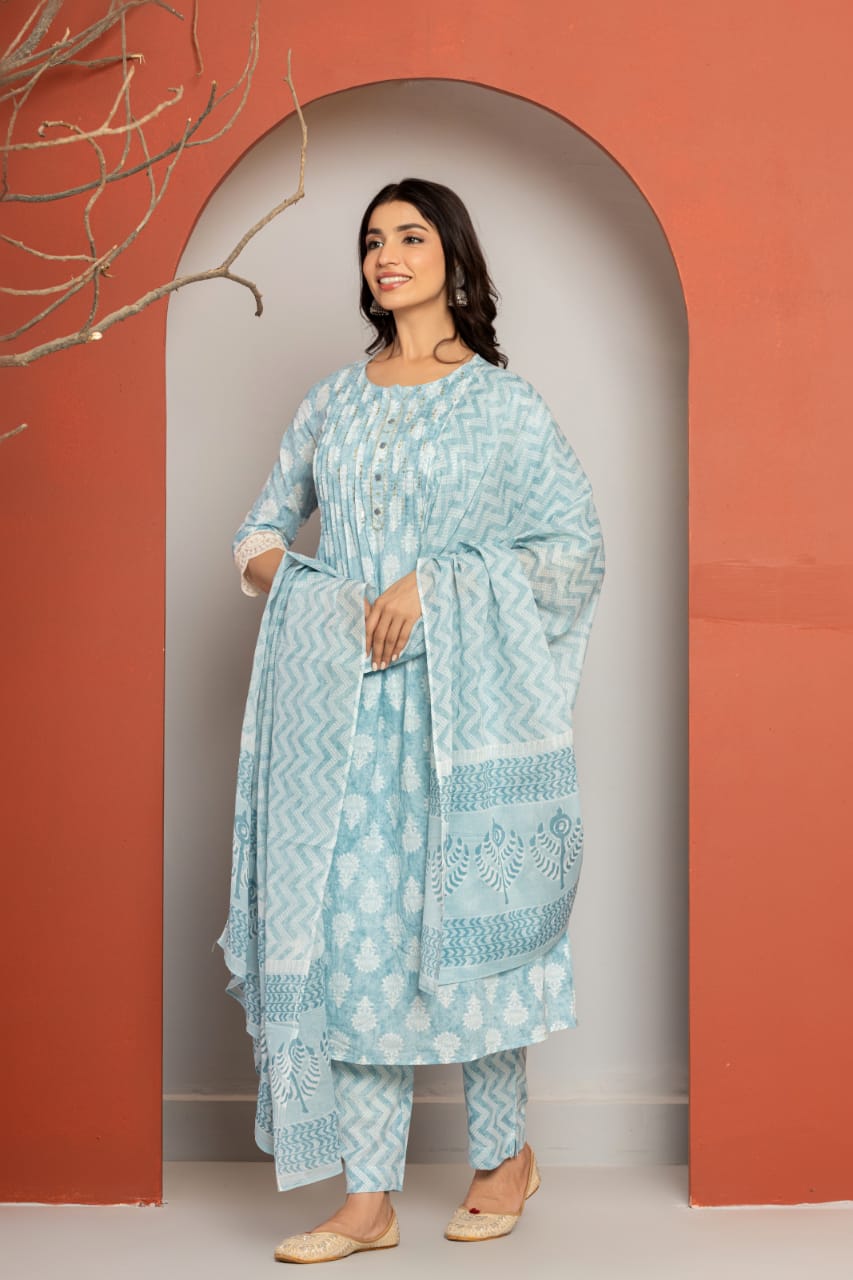 Vihaa Block Printed Solid Sky Blue Pintex Suit Set