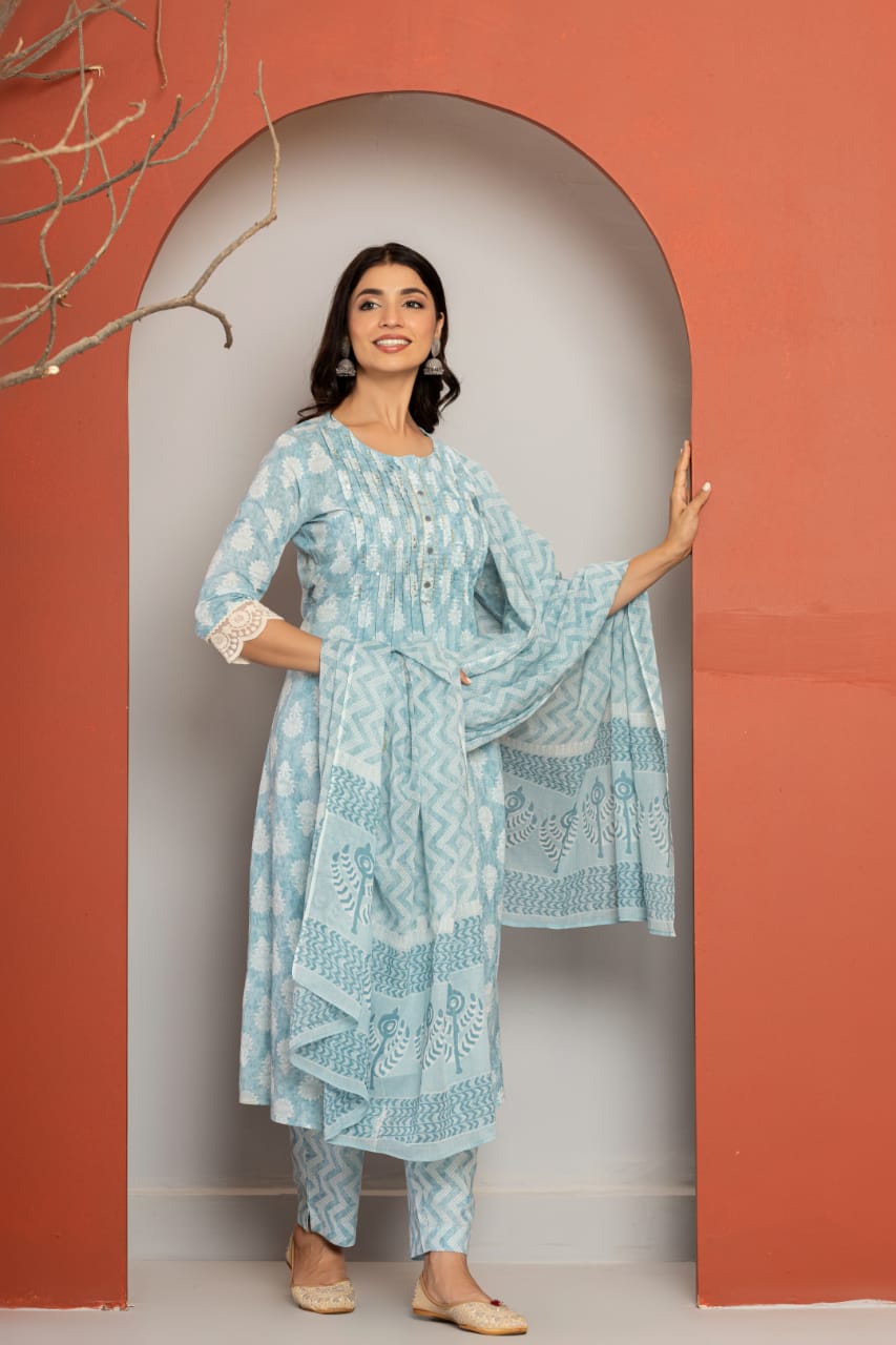 Vihaa Block Printed Solid Sky Blue Pintex Suit Set