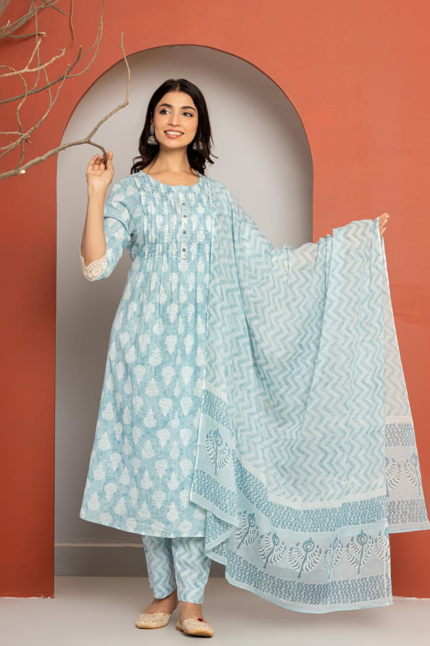 Vihaa Block Printed Solid Sky Blue Pintex Suit Set