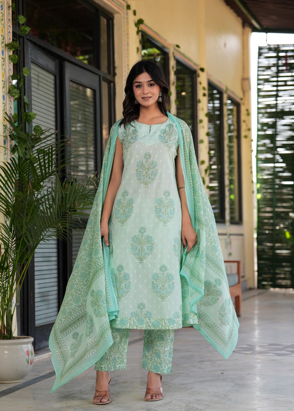 Maisha Block Printed White And Green Straight Suit Set