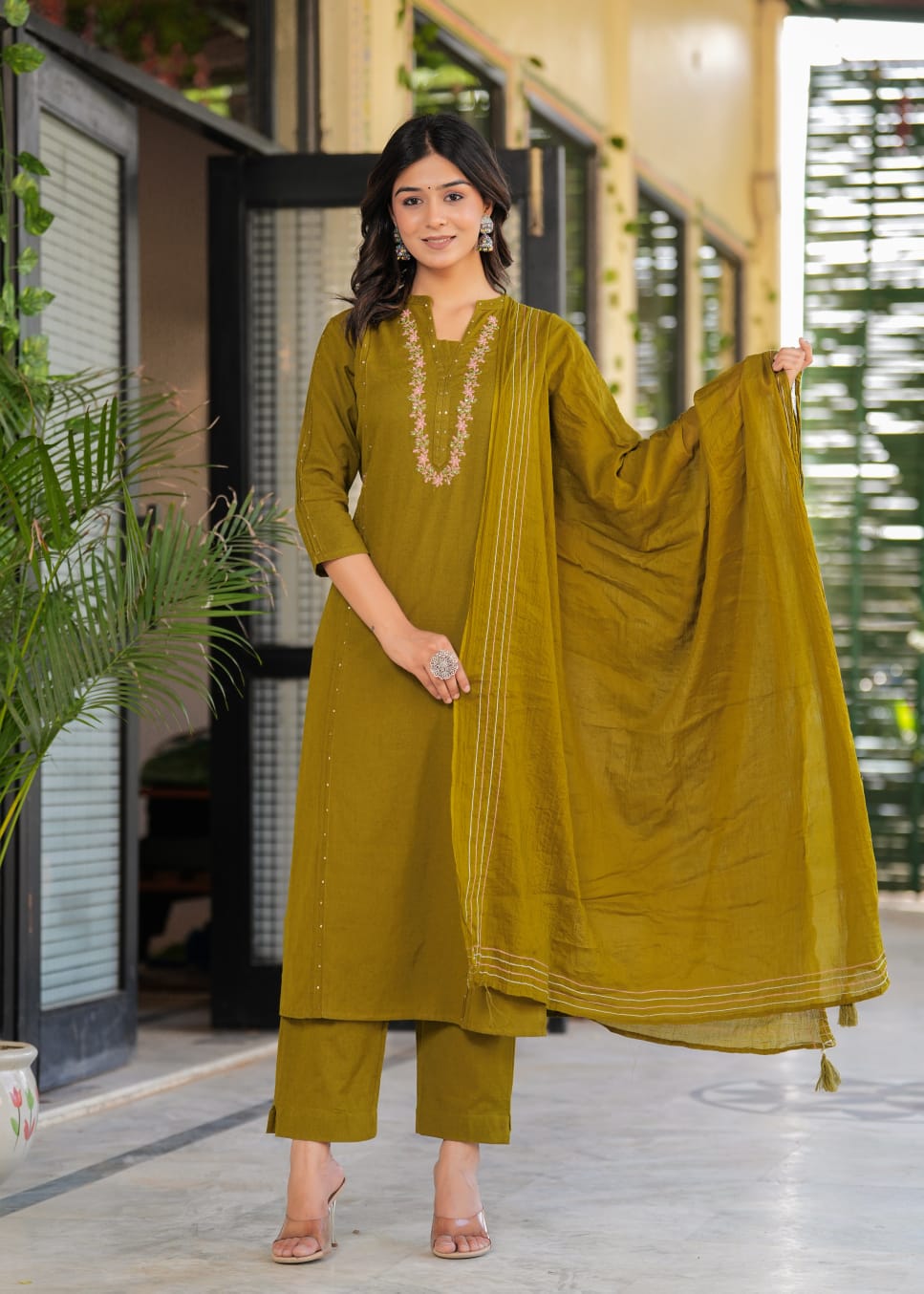 Radha Solid Green Embroidered Straight Suit Set