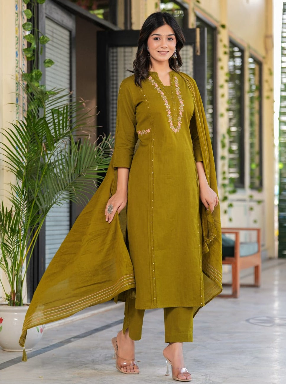 Radha Solid Green Embroidered Straight Suit Set