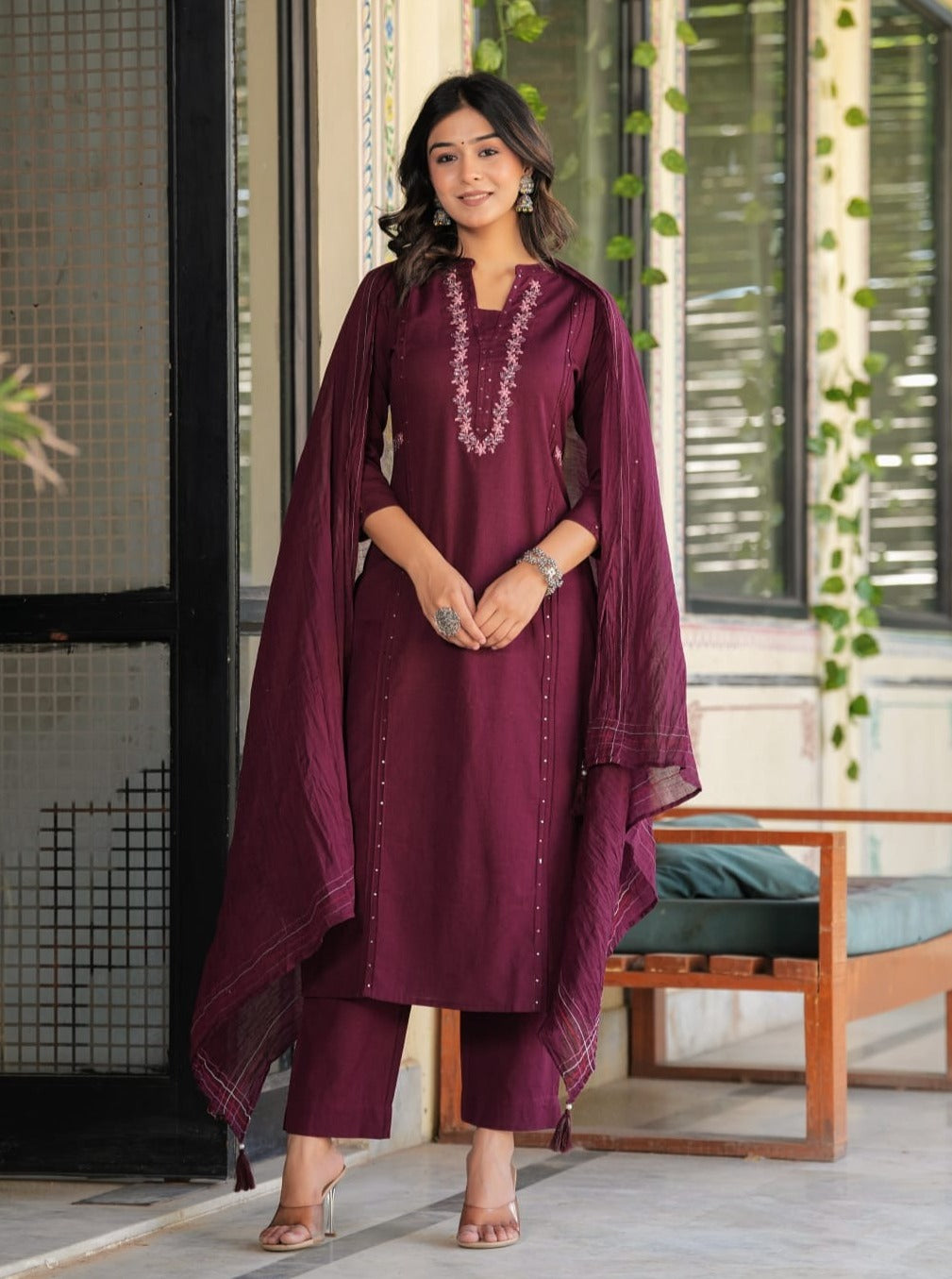 Radha Solid Wine Embroidered Straight Suit Set