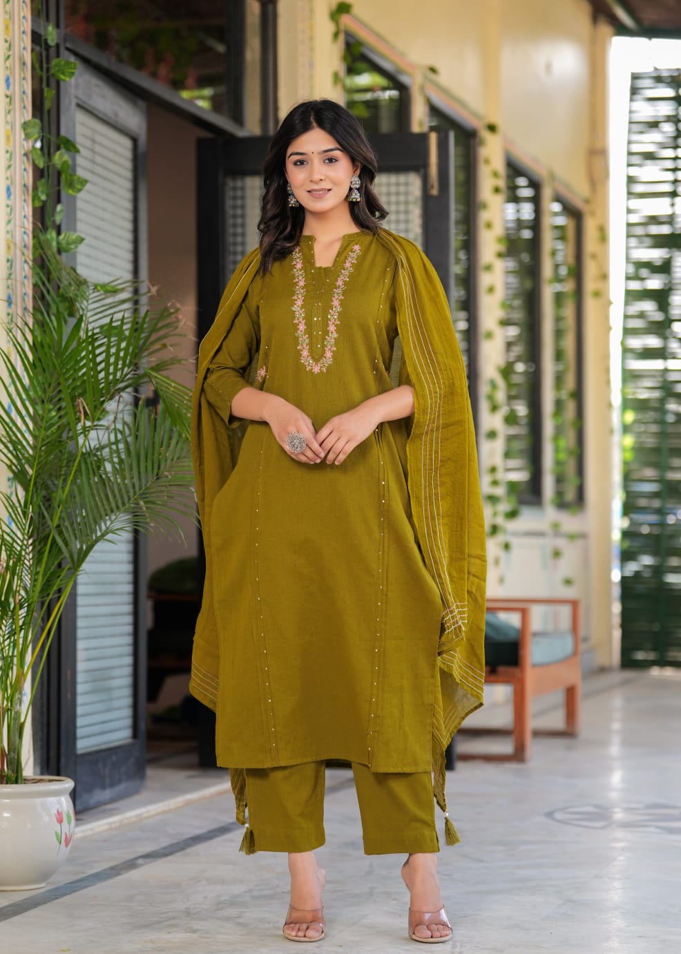 Radha Solid Green Embroidered Straight Suit Set