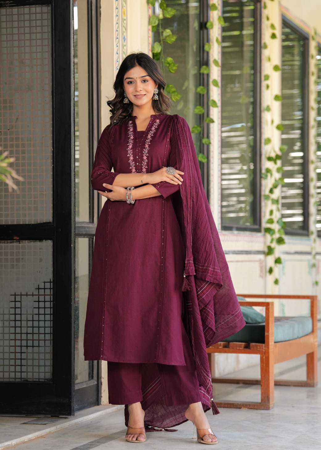 Radha Solid Wine Embroidered Straight Suit Set