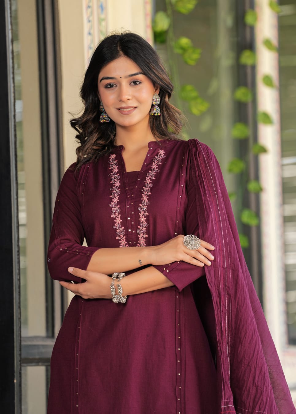 Radha Solid Wine Embroidered Straight Suit Set