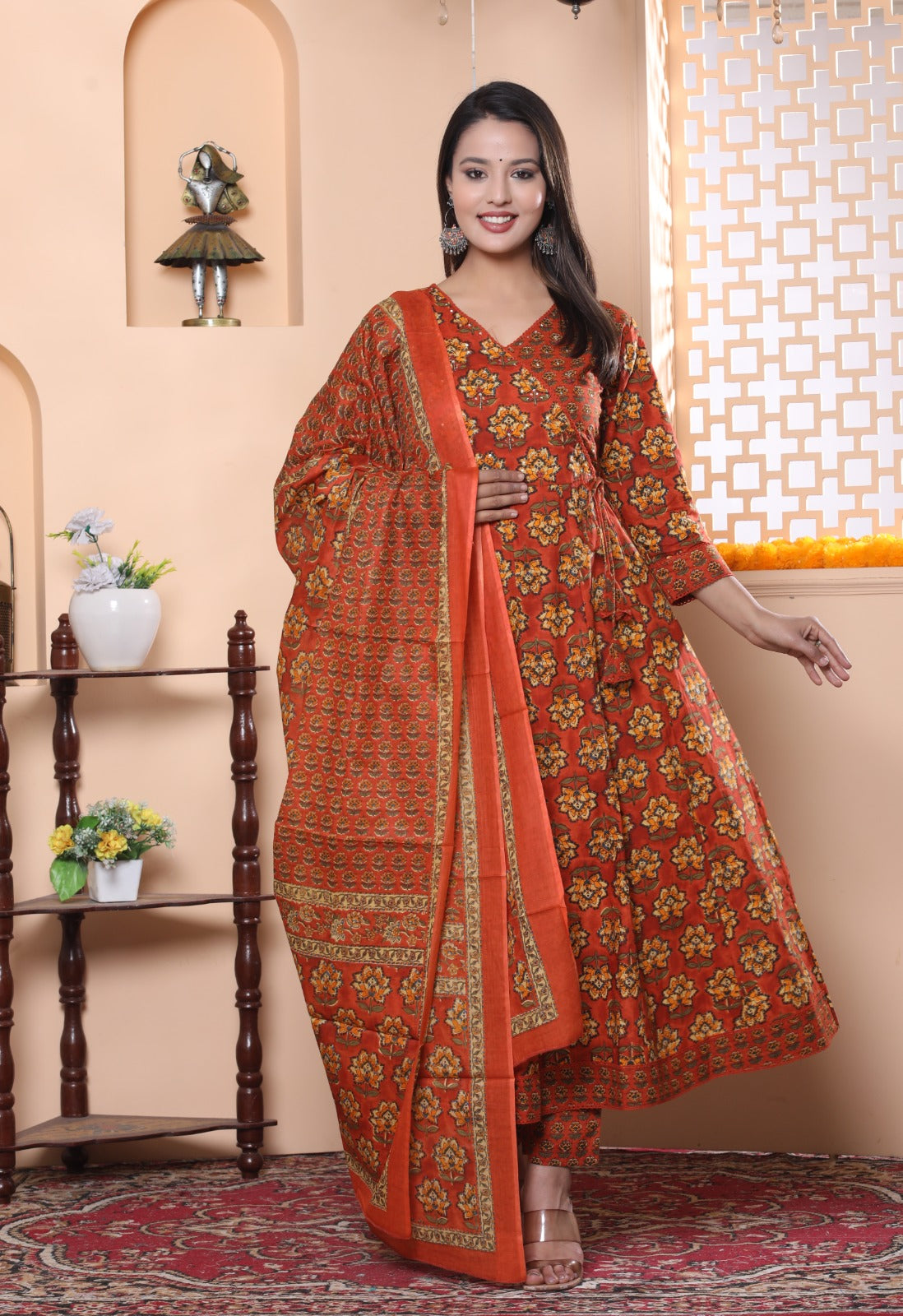 Maisha Floral Angrakha Style Rust Frock Suit Set