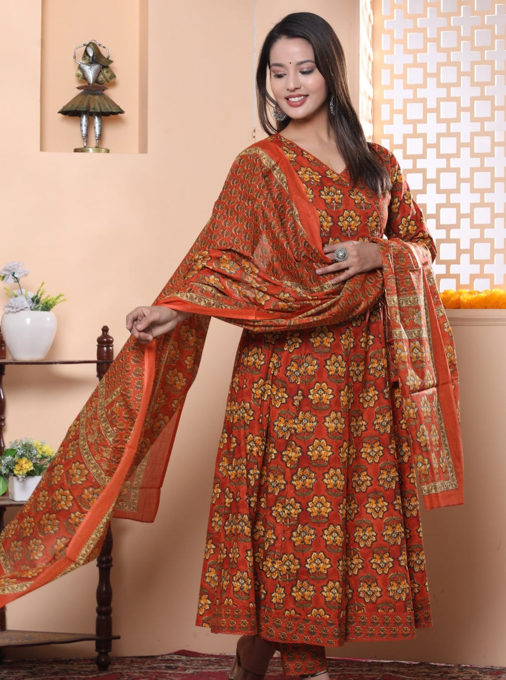 Maisha Floral Angrakha Style Rust Frock Suit Set