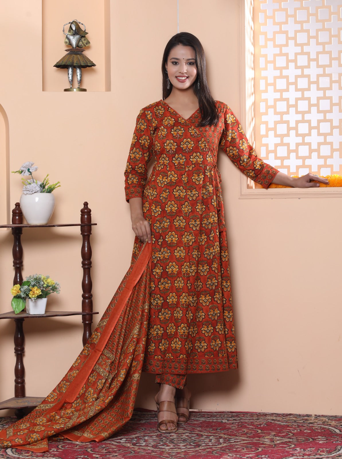 Maisha Floral Angrakha Style Rust Frock Suit Set