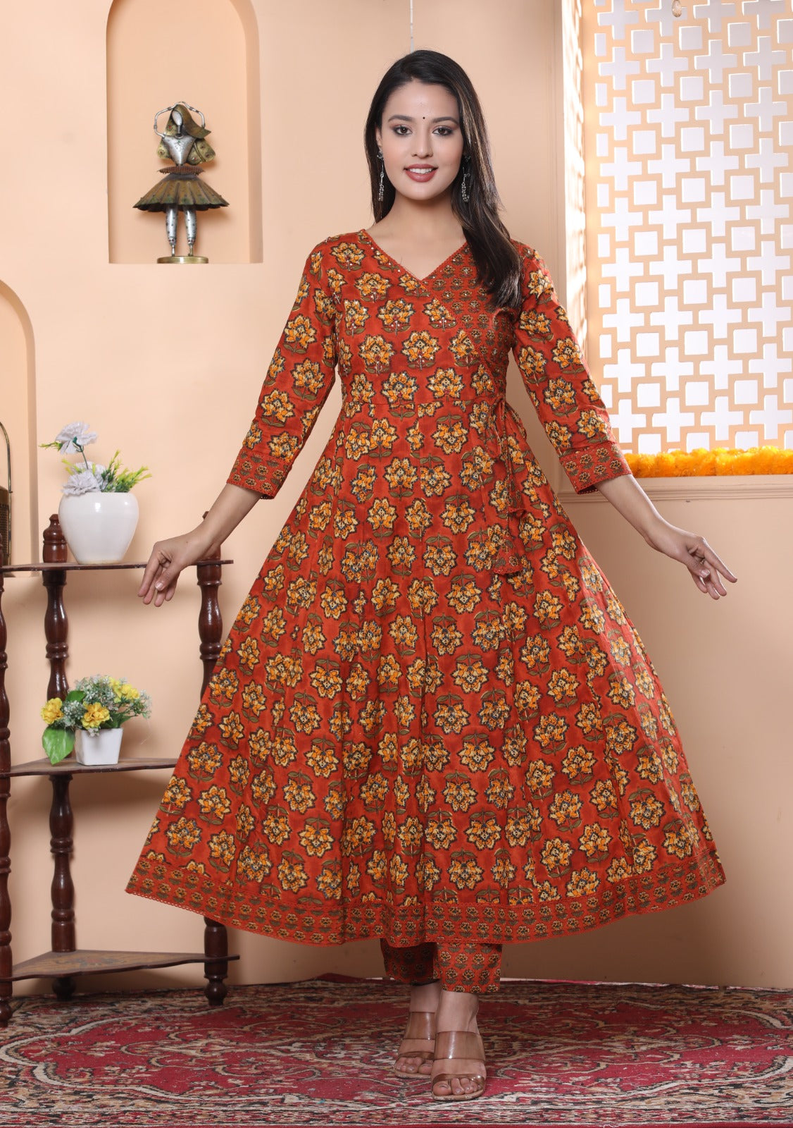 Maisha Floral Angrakha Style Rust Frock Suit Set