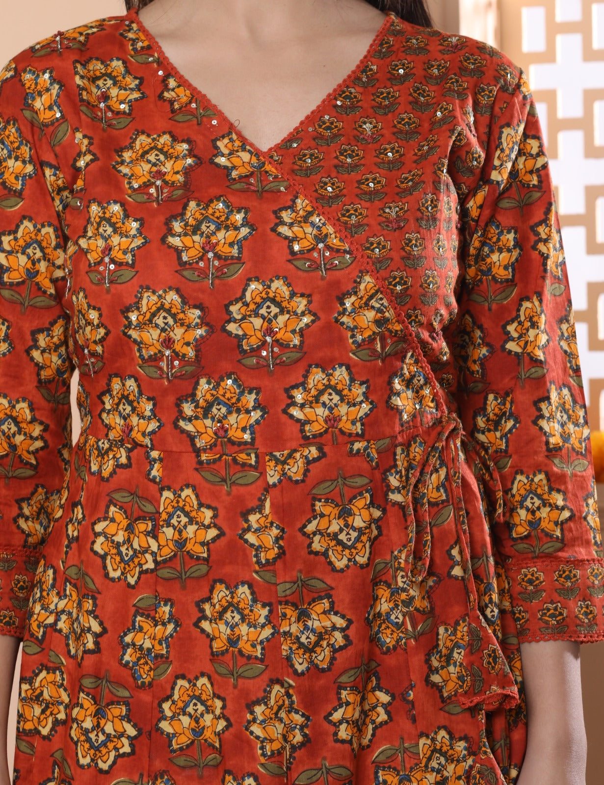 Maisha Floral Angrakha Style Rust Frock Suit Set