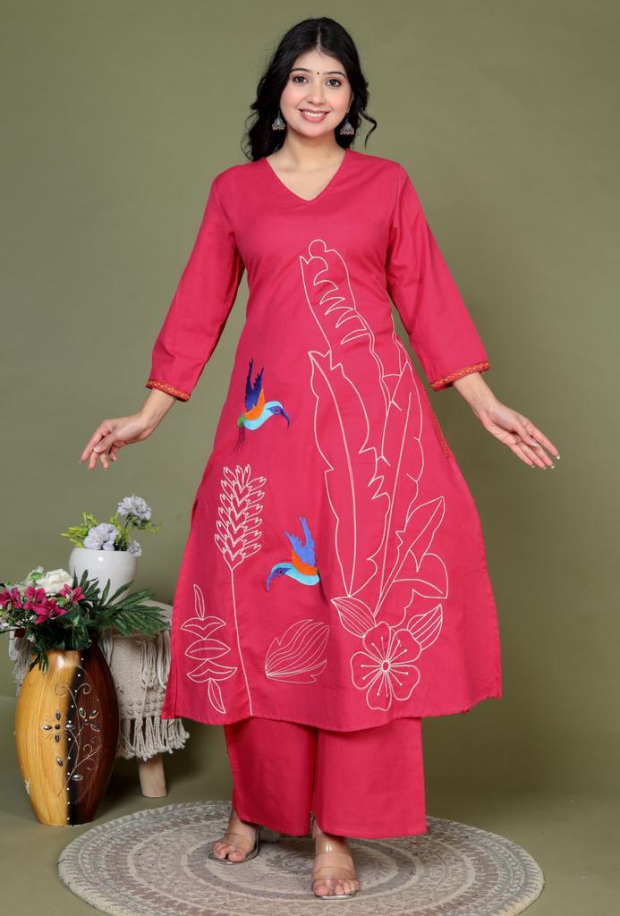 Maisha A-Line Thread Embroidered Solid Rani Pink Co-Ord Set